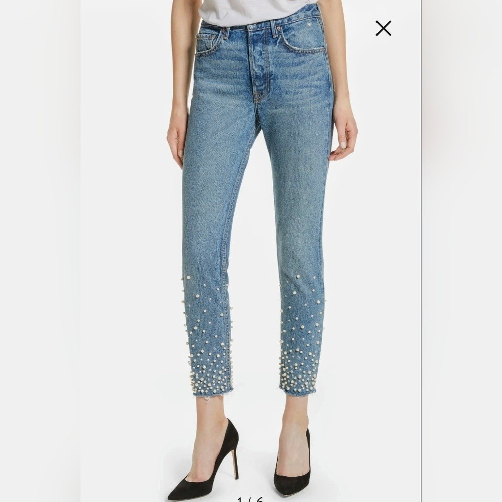 GRLFRND Karolina Morning Star Pearl Rhinestone High Rise Skinny Jeans 26 Blue